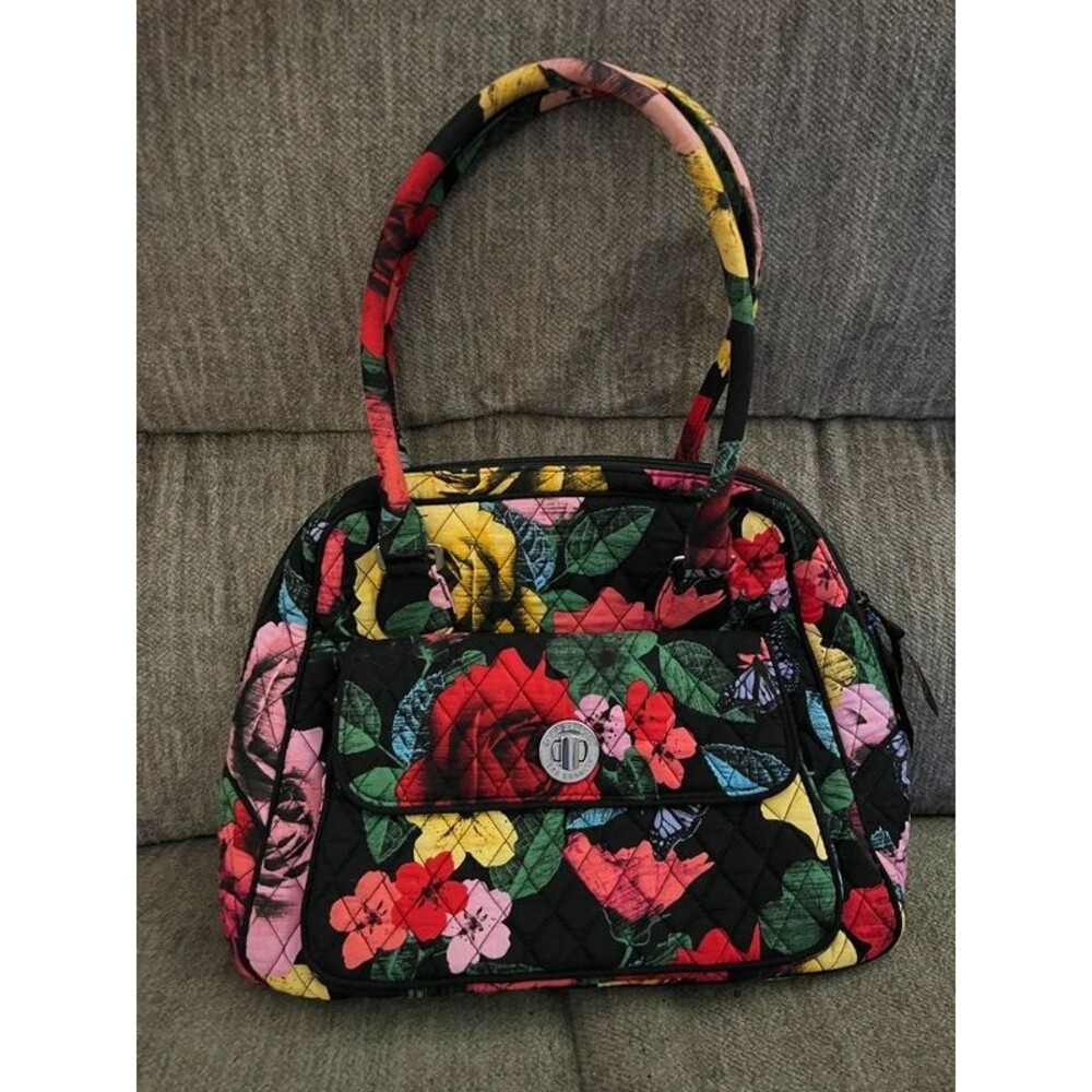 Vera Bradley Turn-Lock Satchel Purse Havana Rose Quilted Black Floral EUC
